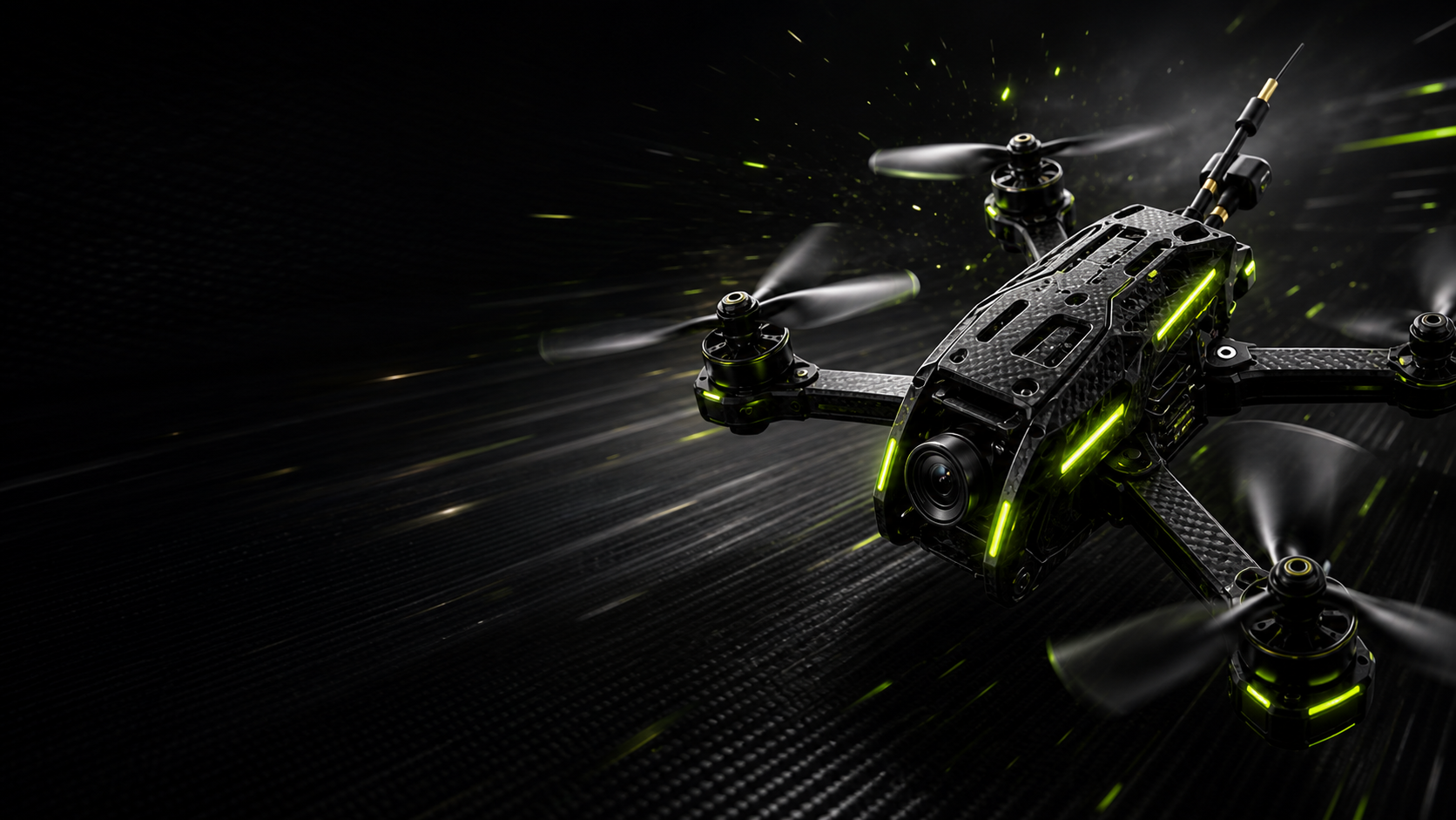 Cinematic FPV racing drone with green accent lighting
